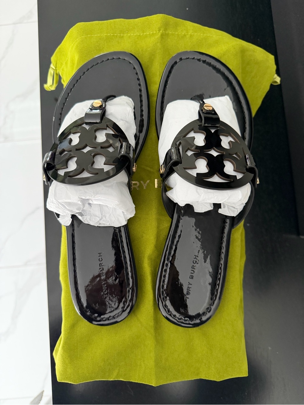 Tory Burch Black Patent Logo Thong Sandals